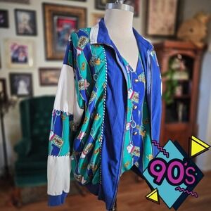 Vintage 90s Silver Threads Nautical Print Jacket & Vest Set Blue Colorblock